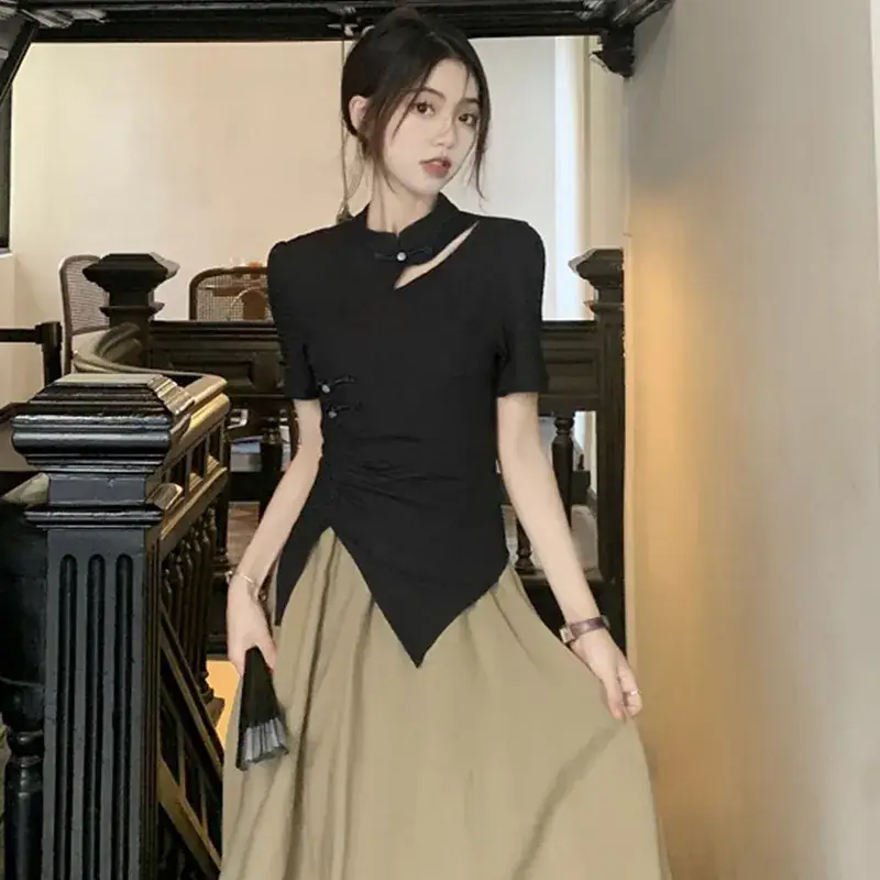 Women New Chinoiserie Jacquard T-Shirt Black Summer 2025 - Image 4