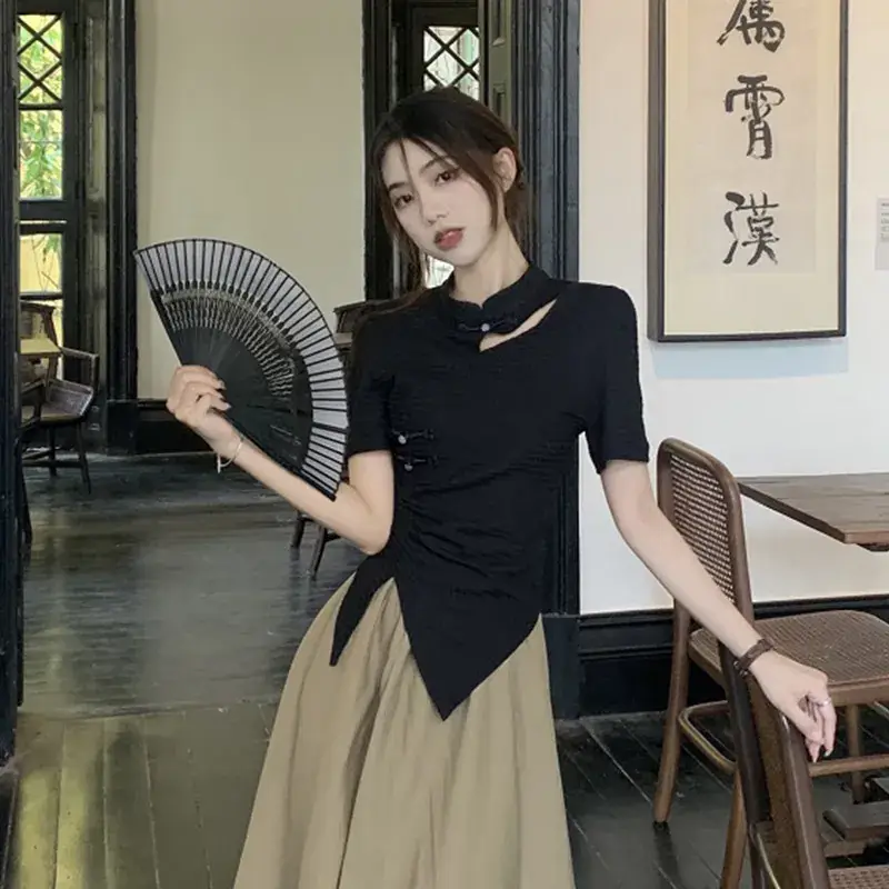 Women New Chinoiserie Jacquard T-Shirt Black Summer 2025 - Image 5