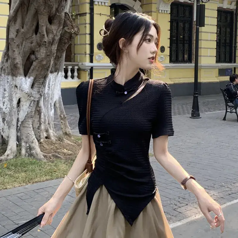 Women New Chinoiserie Jacquard T-Shirt Black Summer 2025 - Image 6