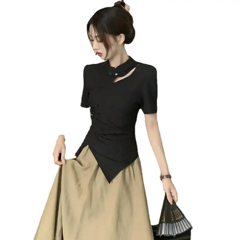 Women New Chinoiserie Jacquard T-Shirt Black Summer 2025 - Image 7