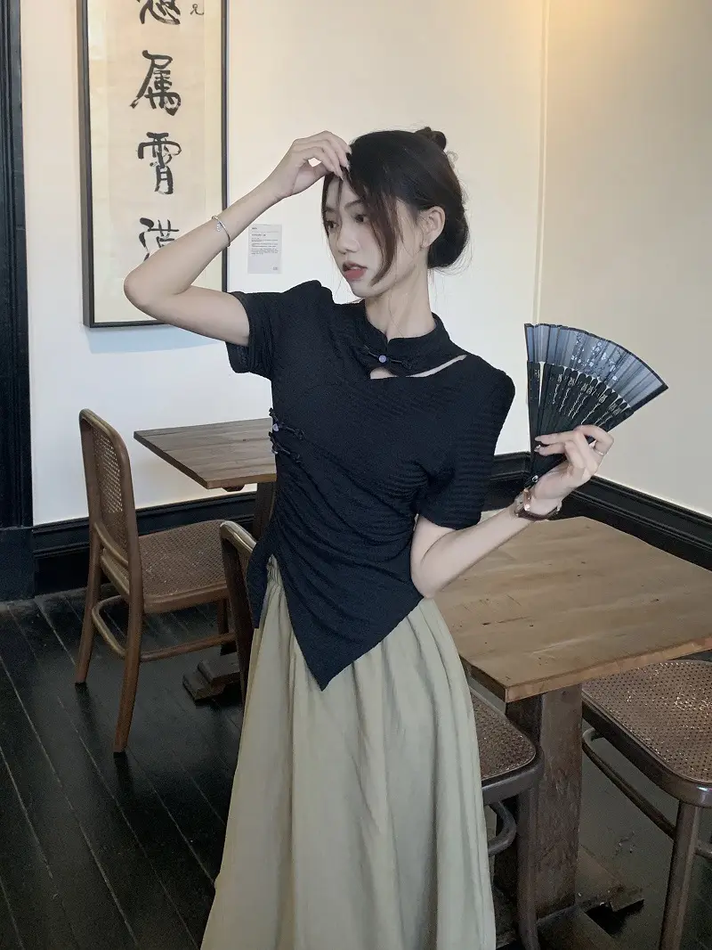Women New Chinoiserie Jacquard T-Shirt Black Summer 2025 — feature 12