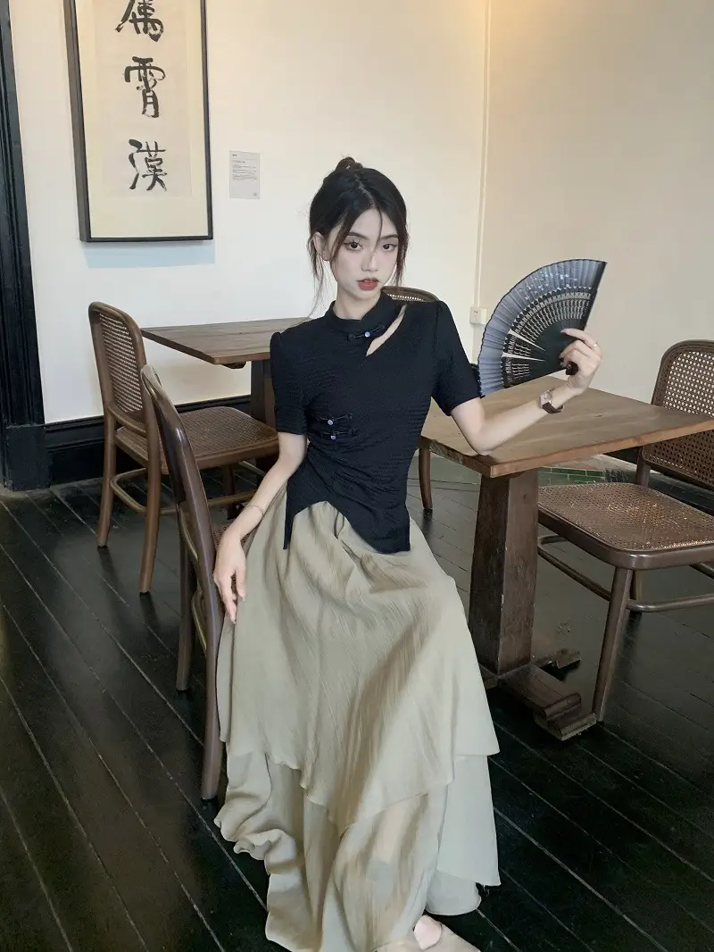 Women New Chinoiserie Jacquard T-Shirt Black Summer 2025 — feature 13