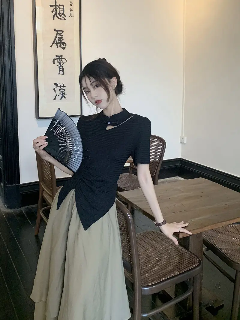 Women New Chinoiserie Jacquard T-Shirt Black Summer 2025 — feature 9