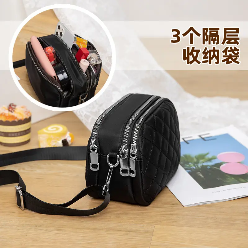 Black Rhombus Crossbody Bag with Patterned Strap