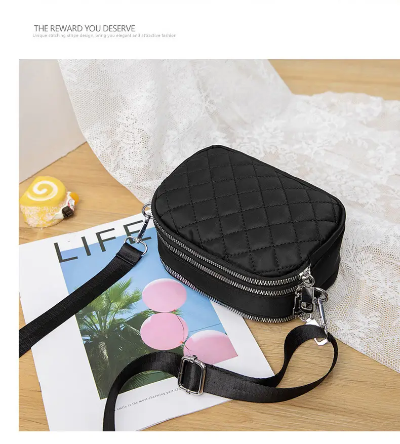 Black Rhombus Crossbody Bag with Patterned Strap — feature 16