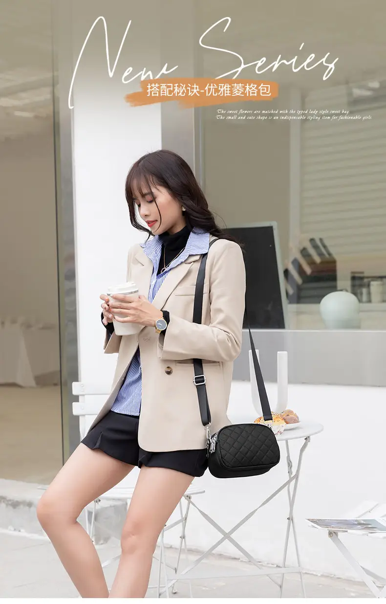 Black Rhombus Crossbody Bag with Patterned Strap — feature 3