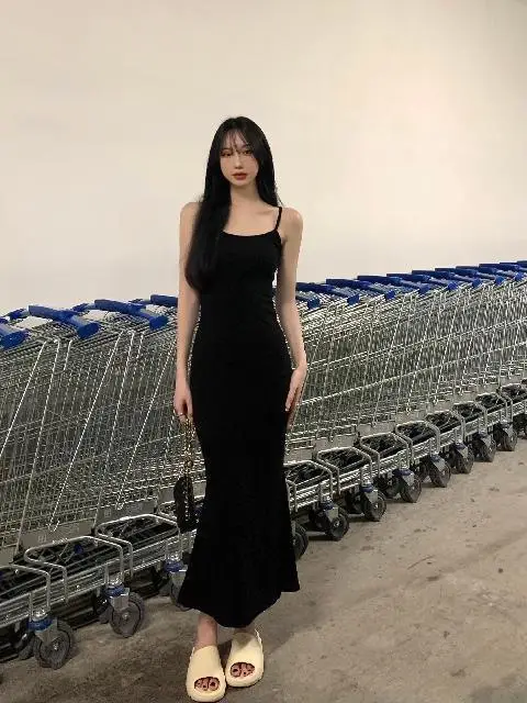French Style Slimming Fishtail Dress Black Long Sleeve — feature 13
