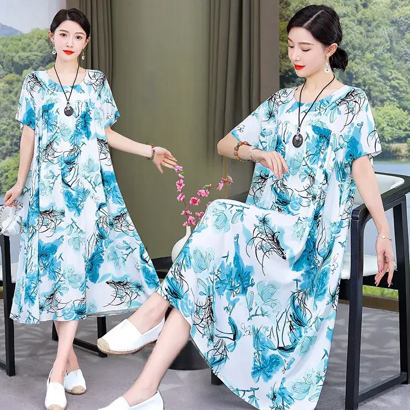 Women Cotton Silk Printed Long Dress Green Large - Image 25