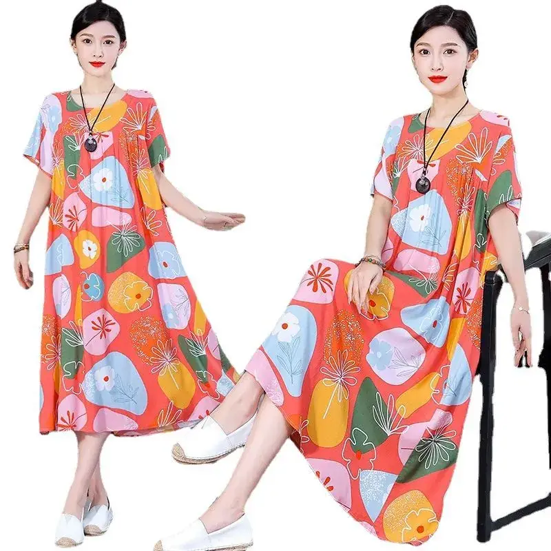 Women Cotton Silk Printed Long Dress Green Large - Image 27