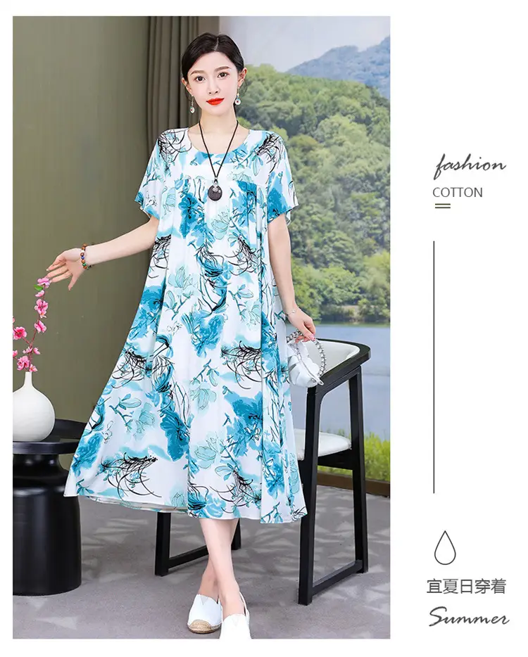 Women Cotton Silk Printed Long Dress Green Large — feature 13