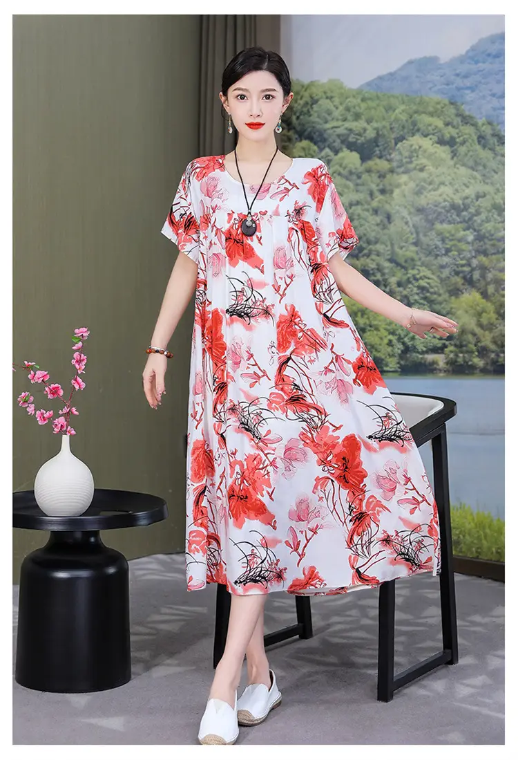 Women Cotton Silk Printed Long Dress Green Large — feature 14