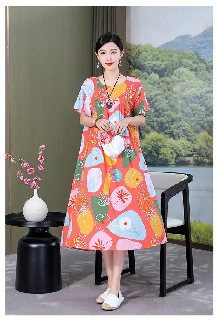 Women Cotton Silk Printed Long Dress Green Large — feature 16