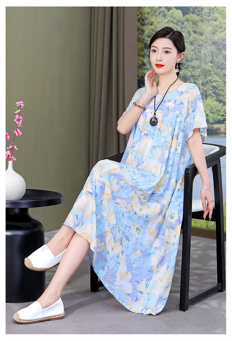 Women Cotton Silk Printed Long Dress Green Large — feature 18
