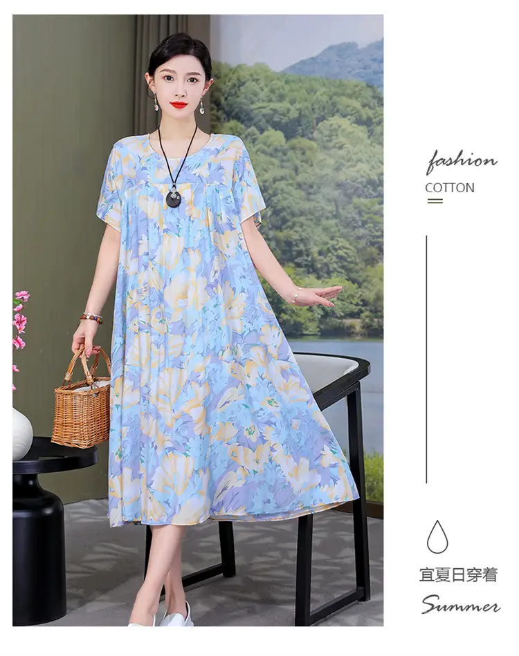 Women Cotton Silk Printed Long Dress Green Large — feature 19
