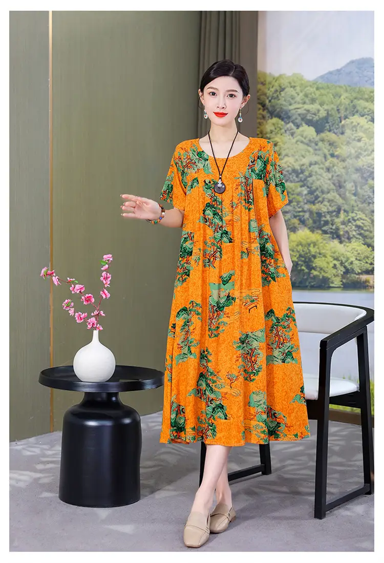 Women Cotton Silk Printed Long Dress Green Large — feature 30