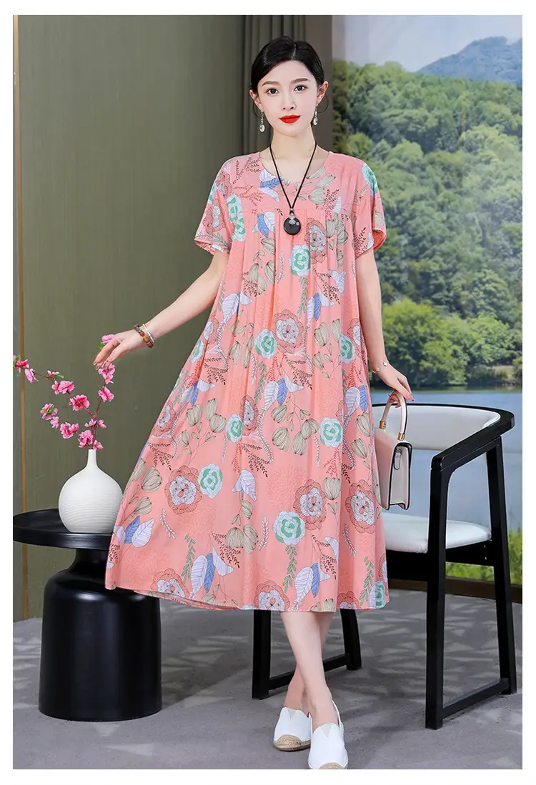 Women Cotton Silk Printed Long Dress Green Large — feature 38