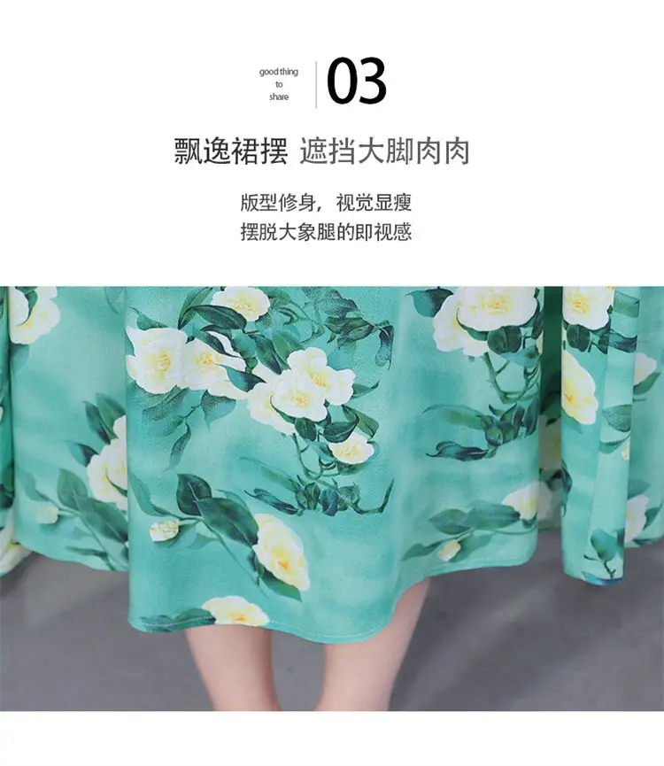 Women Cotton Silk Printed Long Dress Green Large — feature 8