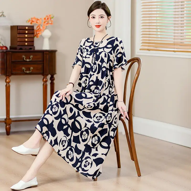 Women Cotton Silk Printed Long Dress Green Large - Image 14