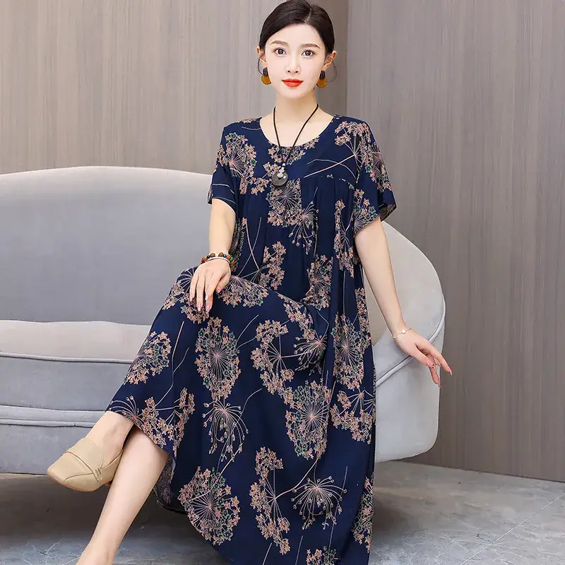 Women Cotton Silk Printed Long Dress Green Large - Image 3