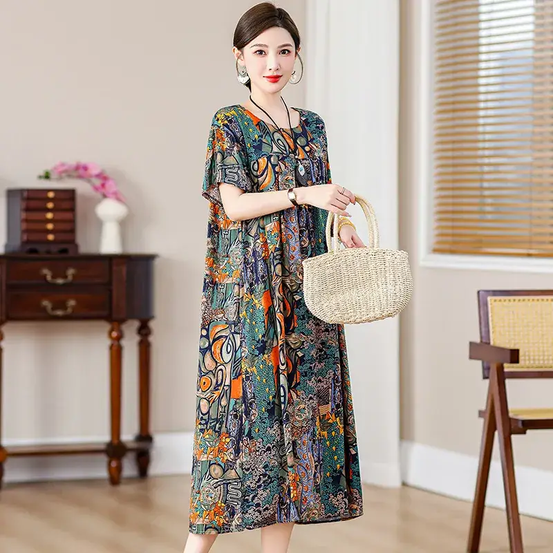 Women Cotton Silk Printed Long Dress Green Large - Image 8