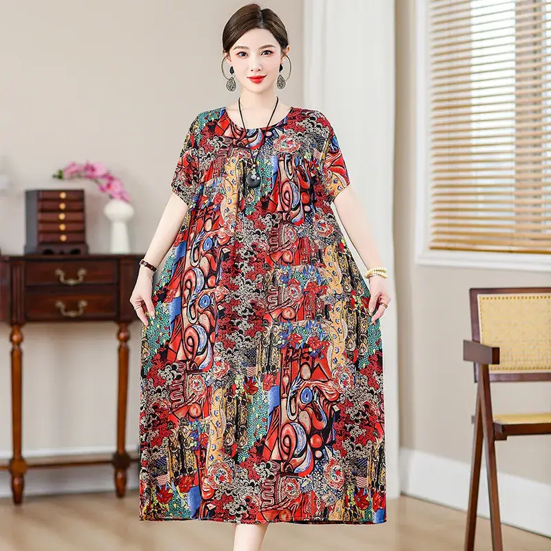 Women Cotton Silk Printed Long Dress Green Large - Image 9