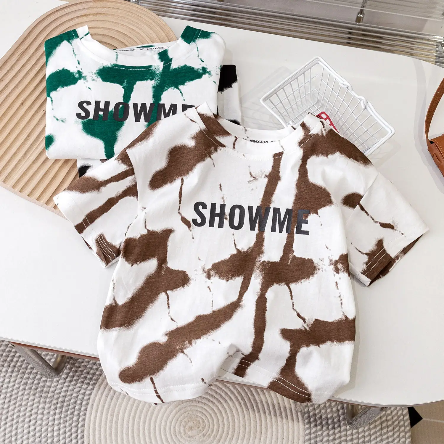 2025 Kids Tie-Dye Short Sleeve T-Shirt Green Brown White - Image 5