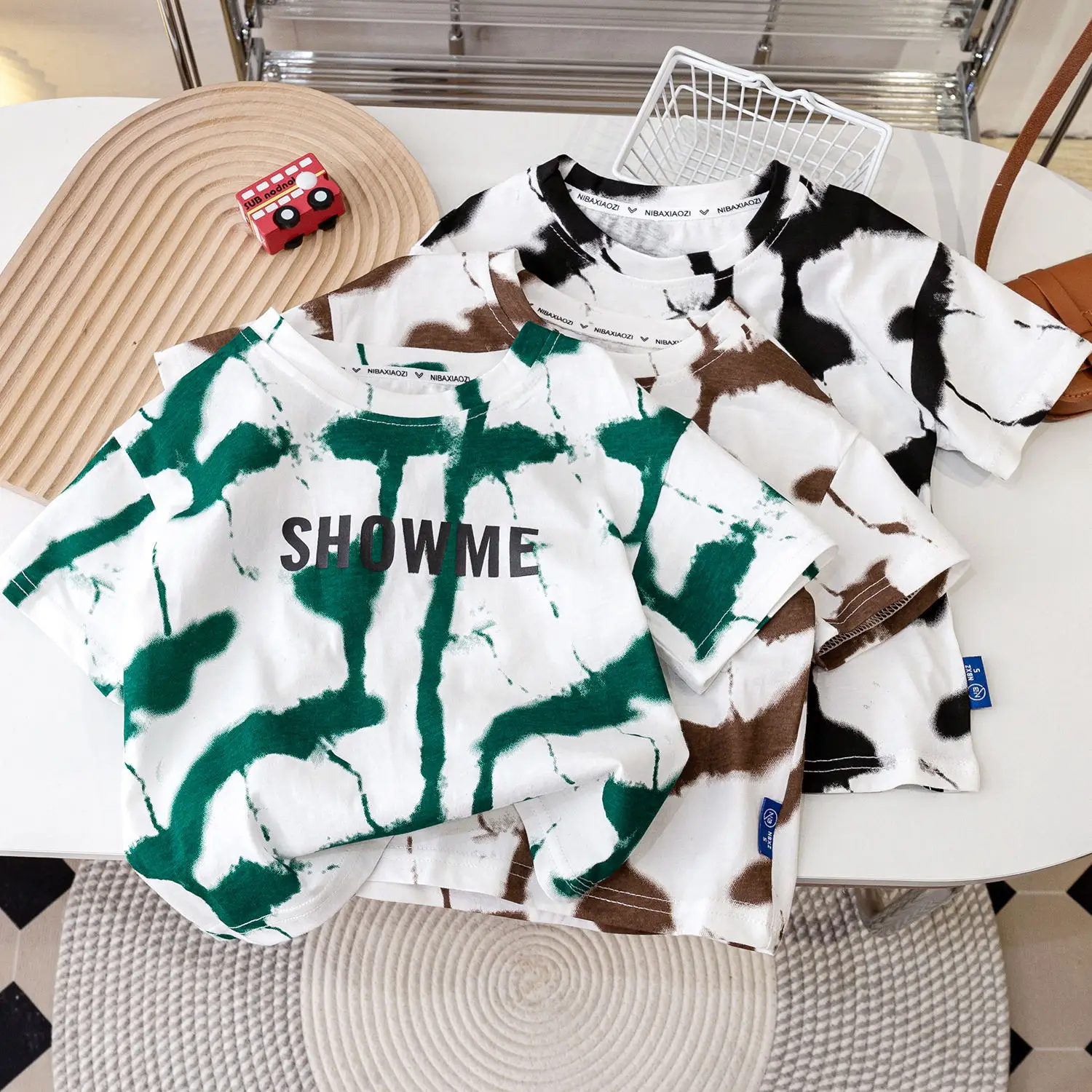 2025 Kids Tie-Dye Short Sleeve T-Shirt Green Brown White — feature 7