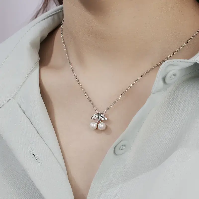Pearl Double Bead Pendant with Zircon Cherry Design - Image 3
