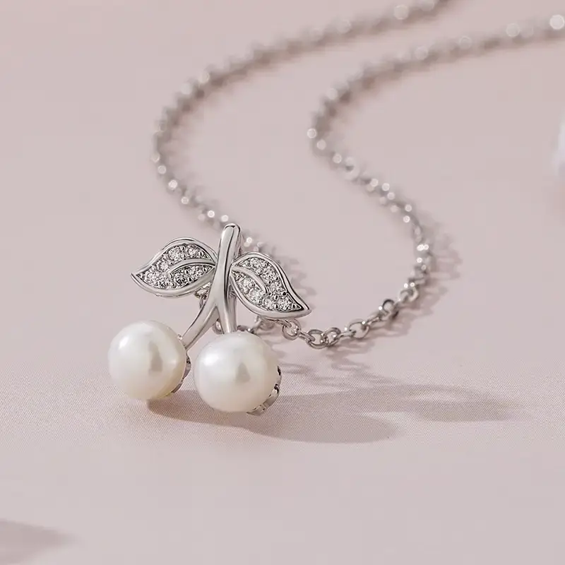 Pearl Double Bead Pendant with Zircon Cherry Design - Image 4