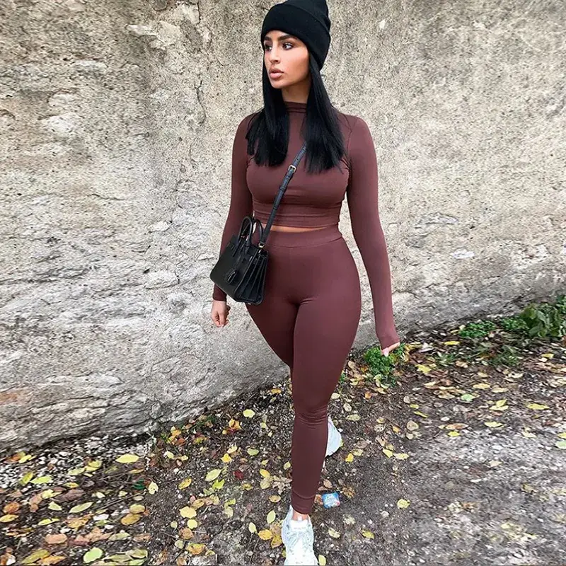 Women's Slim Fit Long Sleeve Sports Suit Brown - Image 13