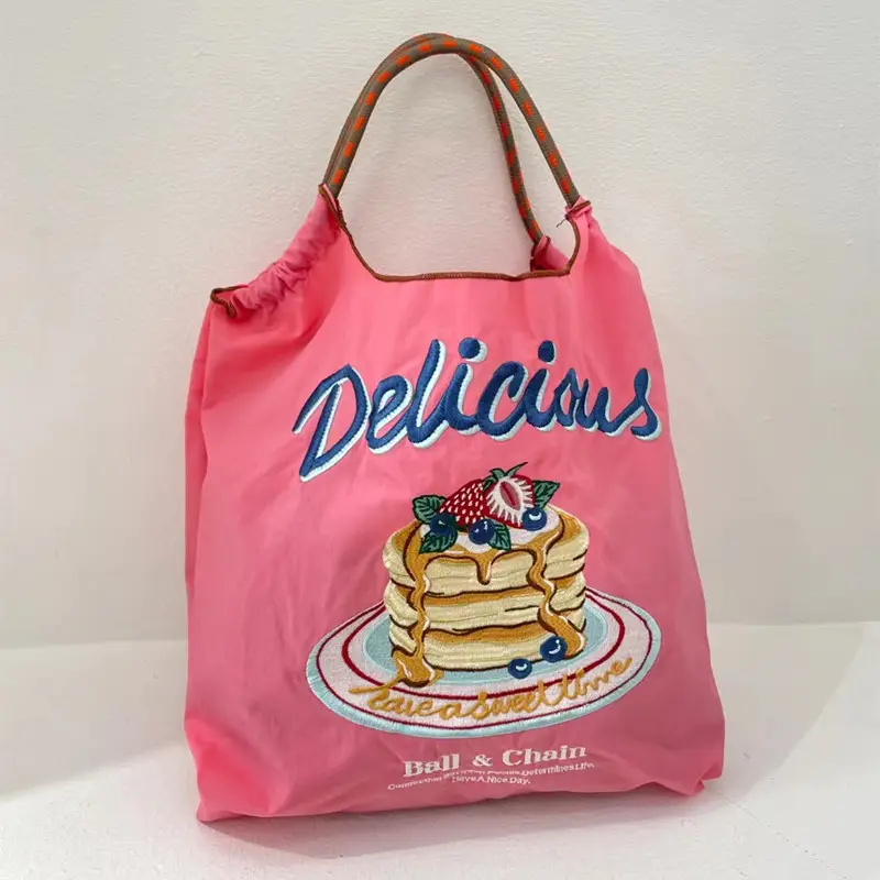 Pink Embroidered Ball & Chain Shopping Bag — feature 6