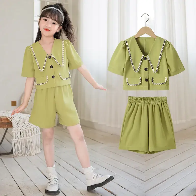 Girls Summer Suit Green Ice Silk Western Style Shorts - Image 2