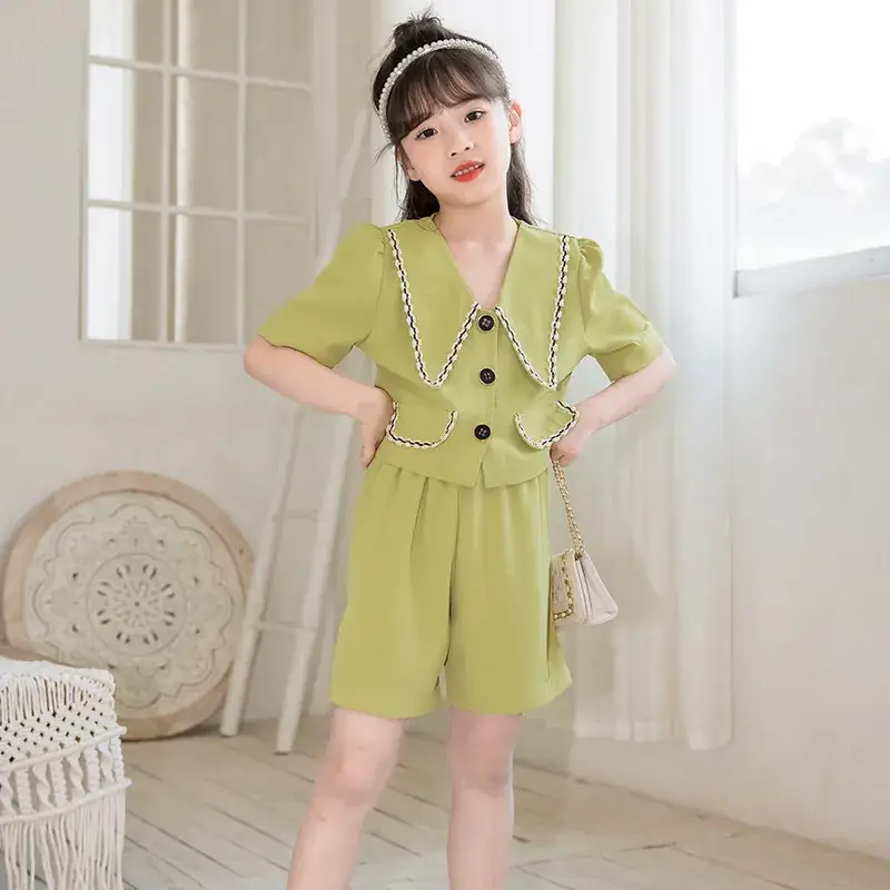 Girls Summer Suit Green Ice Silk Western Style Shorts - Image 3