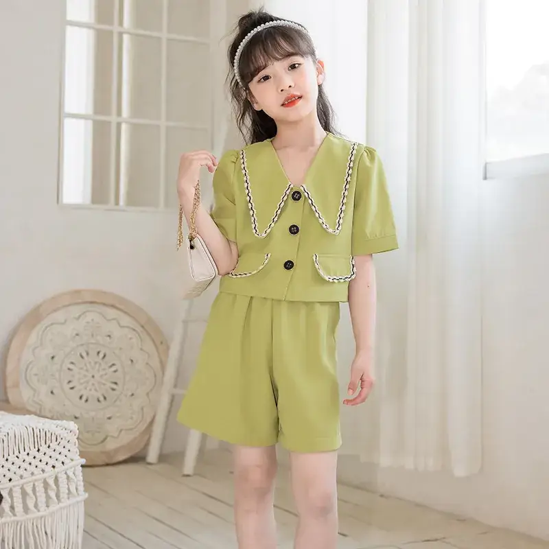 Girls Summer Suit Green Ice Silk Western Style Shorts - Image 4