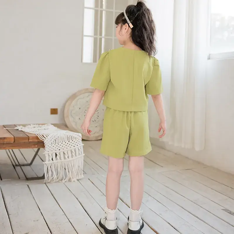 Girls Summer Suit Green Ice Silk Western Style Shorts - Image 5