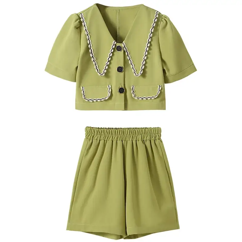 Girls Summer Suit Green Ice Silk Western Style Shorts - Image 6