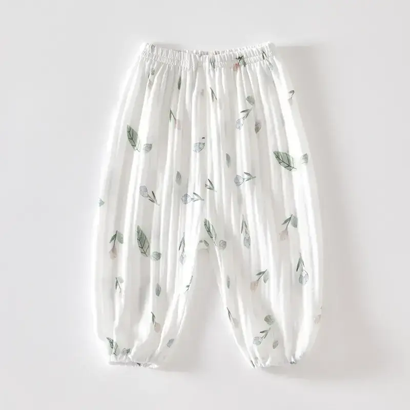 Baby Anti-Mosquito Pants White Leaf Print Summer - Image 9