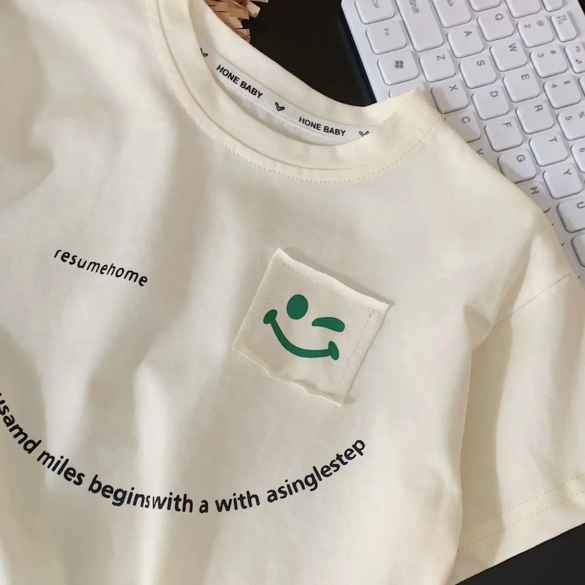 Children Pure Cotton Summer T-Shirt Loose Fit Cream — feature 11