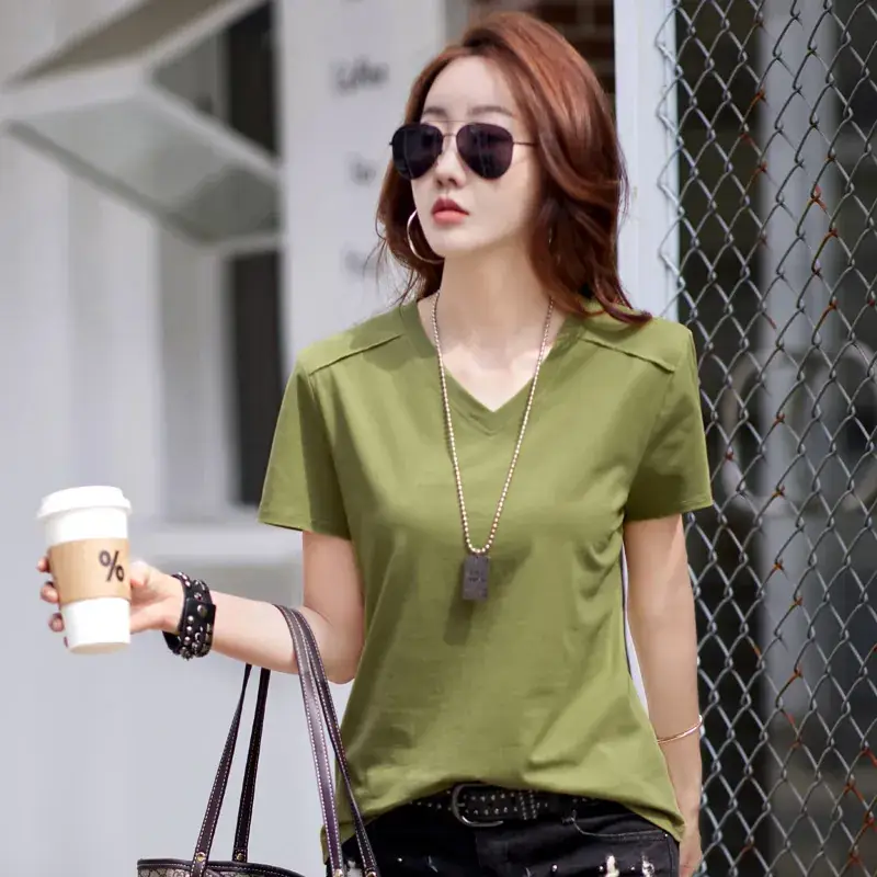 Women 2023 Red Cotton V-Neck T-Shirt Loose Fit - Image 6