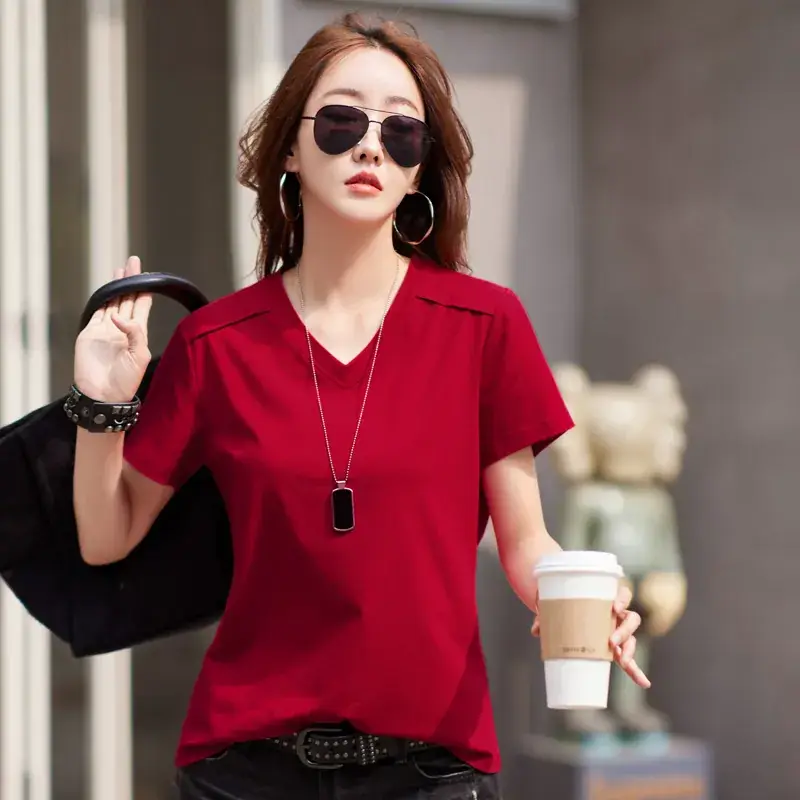Women 2023 Red Cotton V-Neck T-Shirt Loose Fit - Image 4