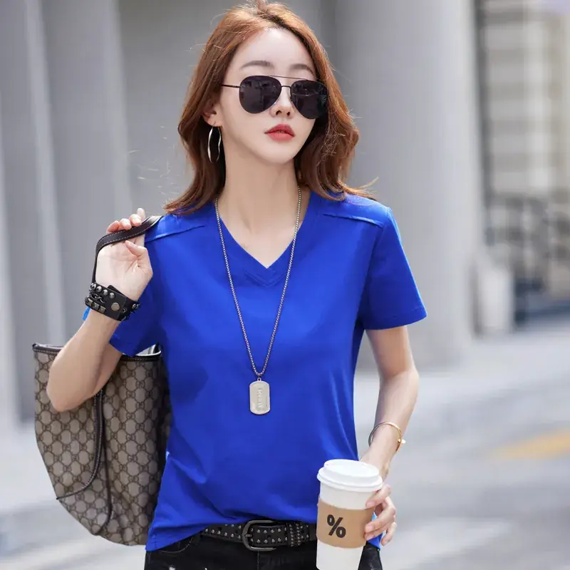 Women 2023 Red Cotton V-Neck T-Shirt Loose Fit - Image 5