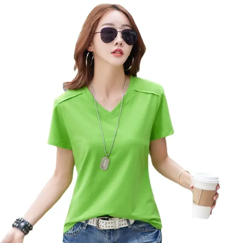 Women 2023 Red Cotton V-Neck T-Shirt Loose Fit - Image 7