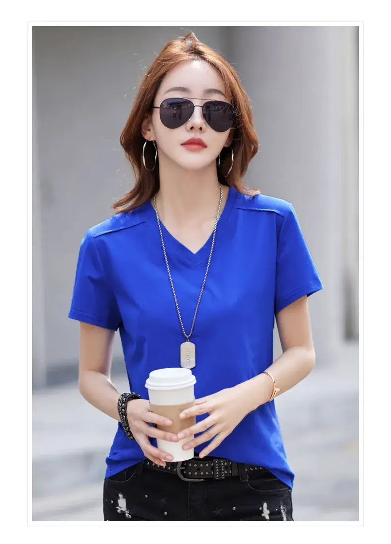 Women 2023 Red Cotton V-Neck T-Shirt Loose Fit — feature 10