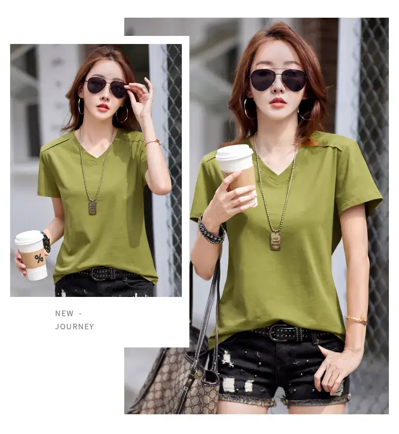 Women 2023 Red Cotton V-Neck T-Shirt Loose Fit — feature 13