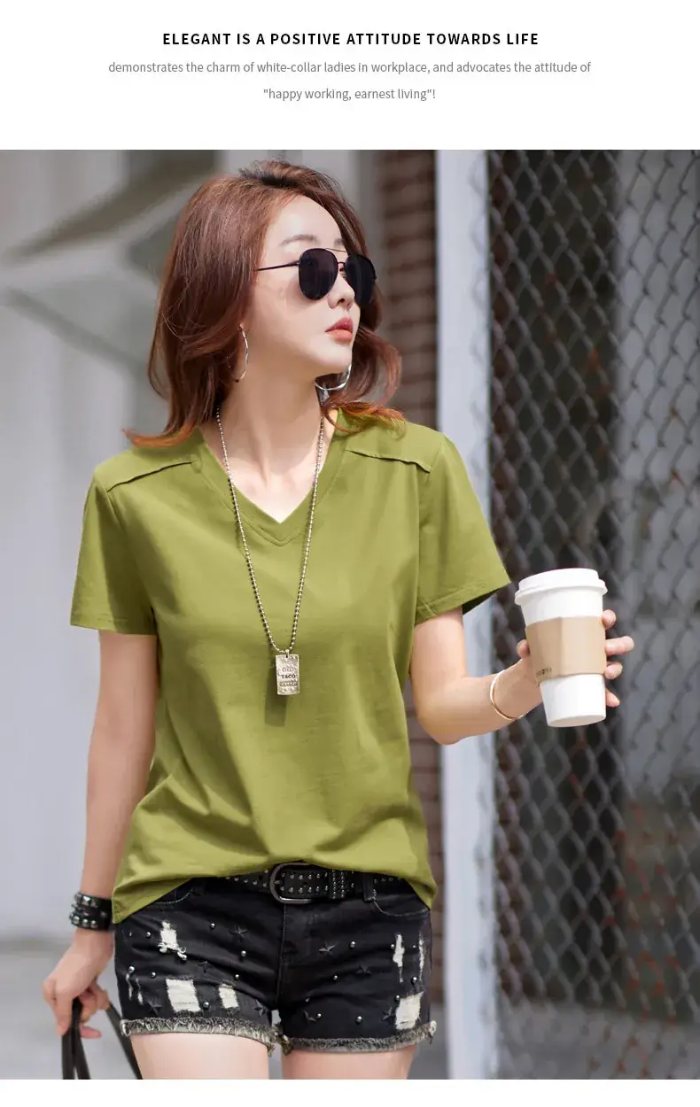 Women 2023 Red Cotton V-Neck T-Shirt Loose Fit — feature 14