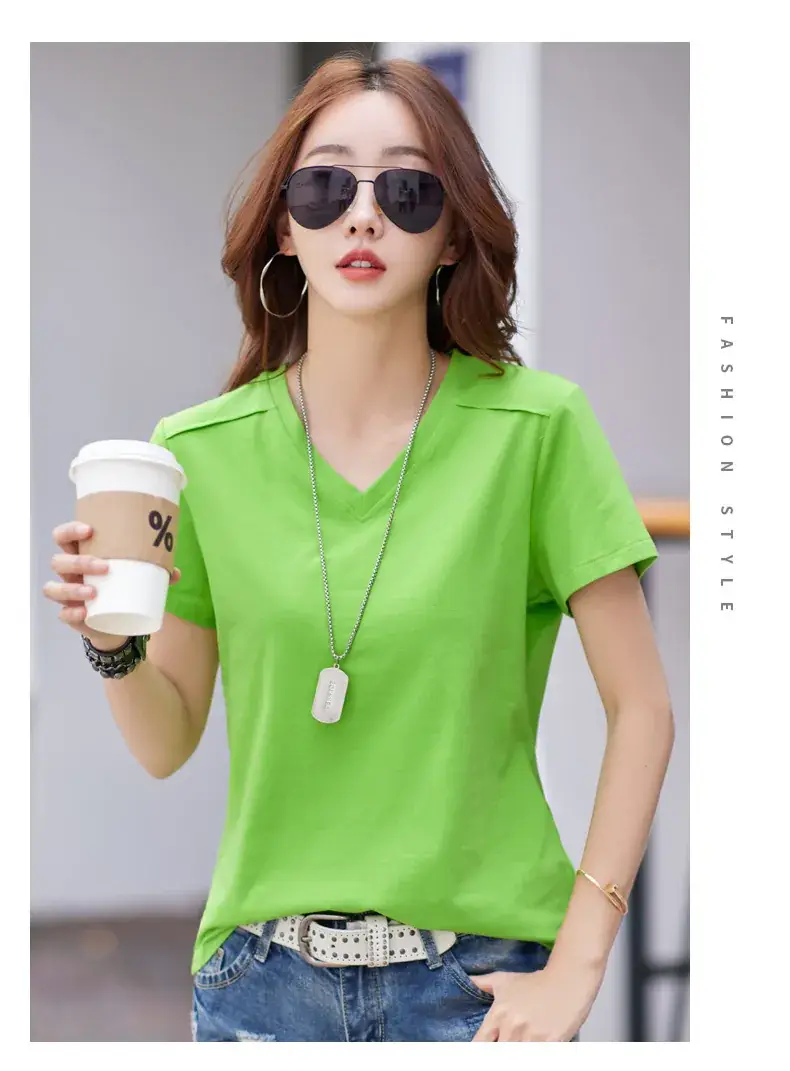 Women 2023 Red Cotton V-Neck T-Shirt Loose Fit — feature 16