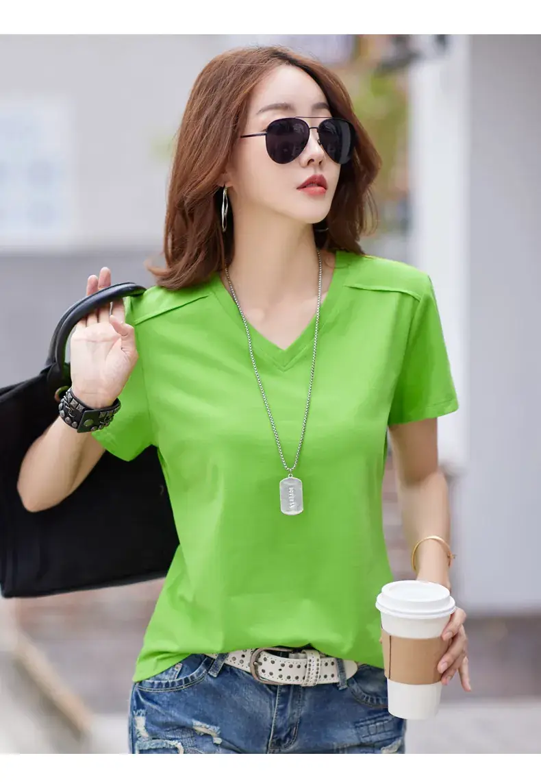 Women 2023 Red Cotton V-Neck T-Shirt Loose Fit — feature 17