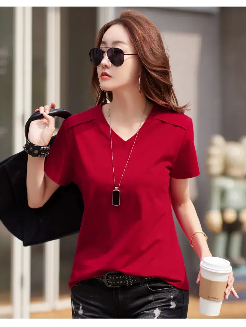 Women 2023 Red Cotton V-Neck T-Shirt Loose Fit — feature 18
