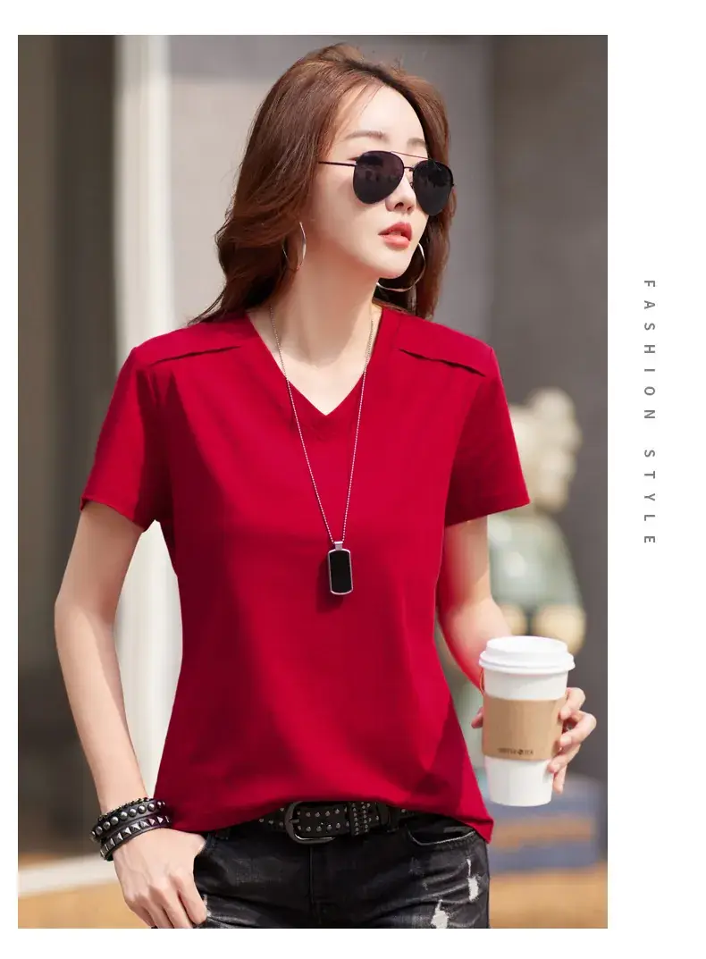 Women 2023 Red Cotton V-Neck T-Shirt Loose Fit — feature 19