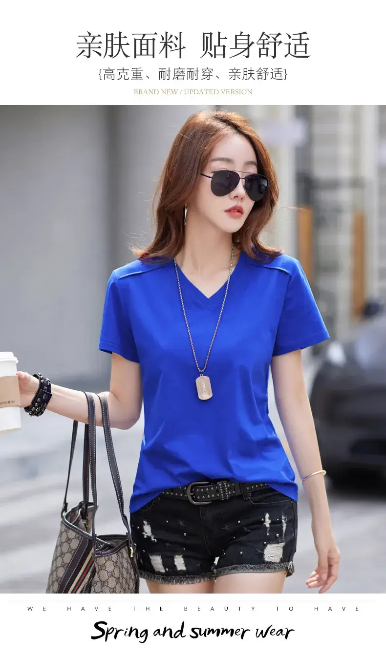 Women 2023 Red Cotton V-Neck T-Shirt Loose Fit — feature 2